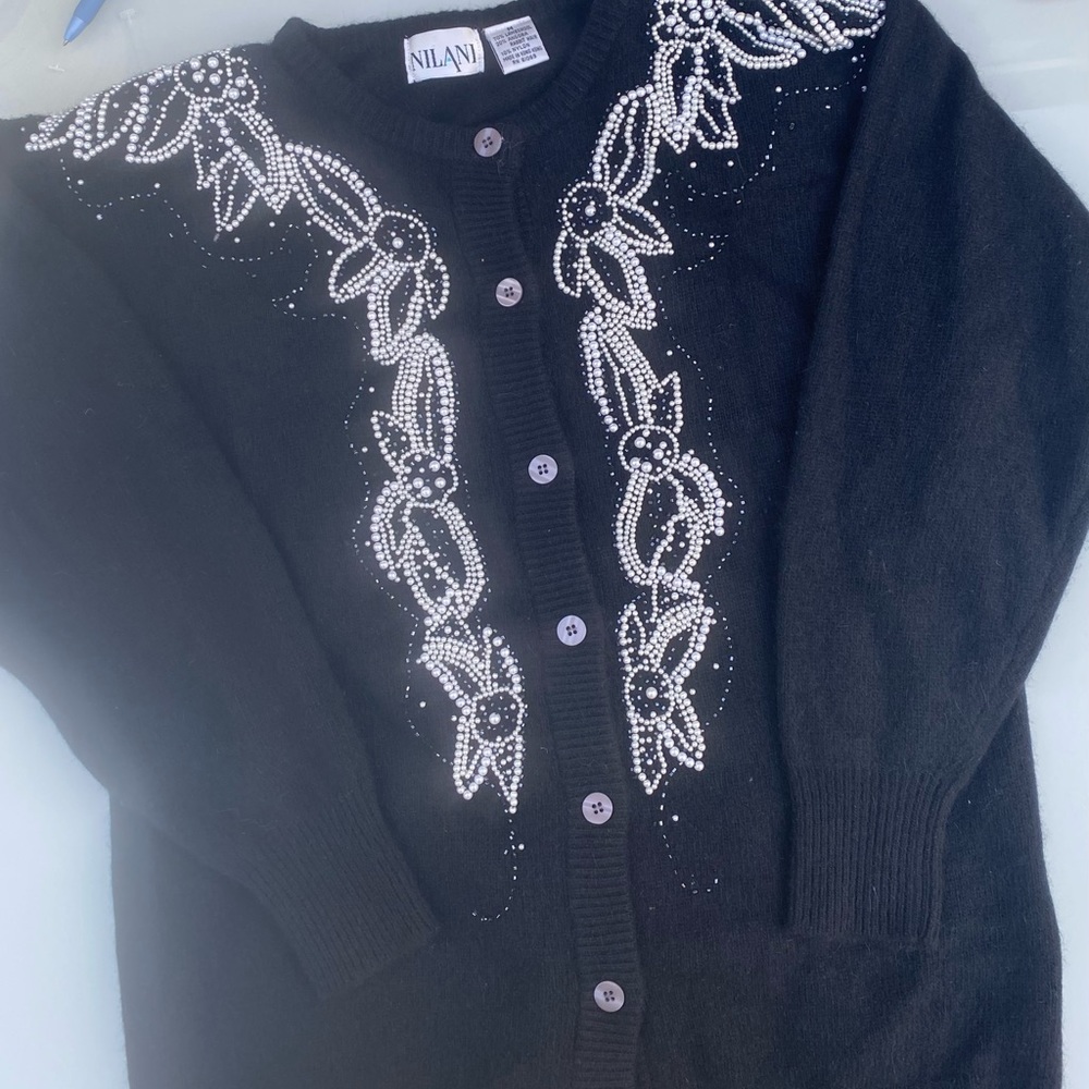 Nilani Black Cardigan Sz M Seed Pearls Beads Lambswool Angora Rabbit Fur…